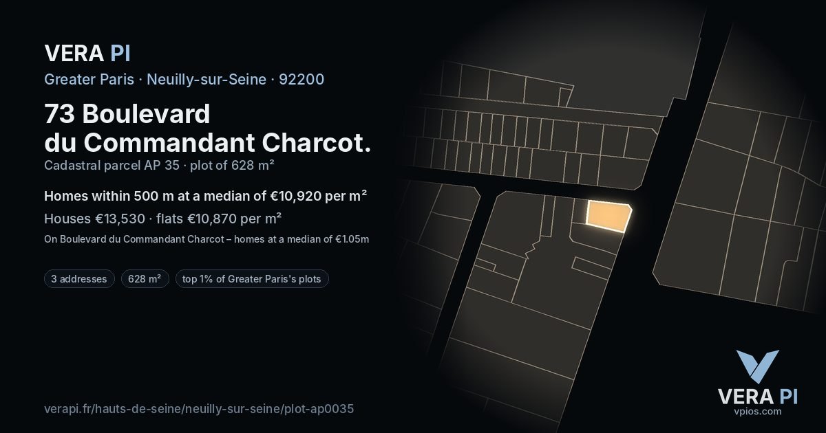 73 Boulevard du Commandant Charcot, Neuilly-sur-Seine at night – the plot lit, the parcels around coloured by the prices near them