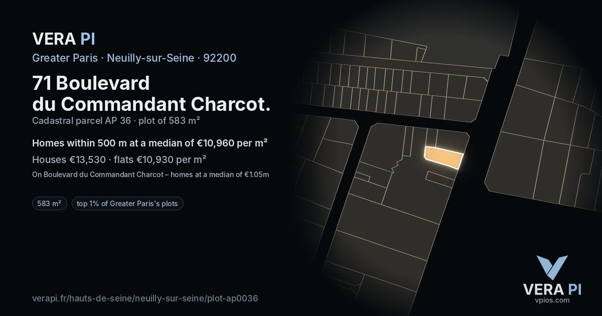 71 Boulevard du Commandant Charcot, Neuilly-sur-Seine at night – the plot lit, the parcels around coloured by the prices near them