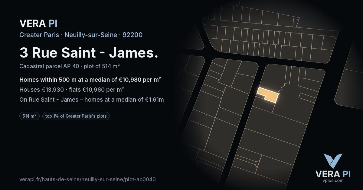 3 Rue Saint - James, Neuilly-sur-Seine at night – the plot lit, the parcels around coloured by the prices near them