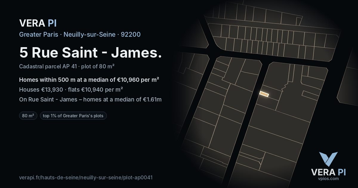 5 Rue Saint - James, Neuilly-sur-Seine at night – the plot lit, the parcels around coloured by the prices near them