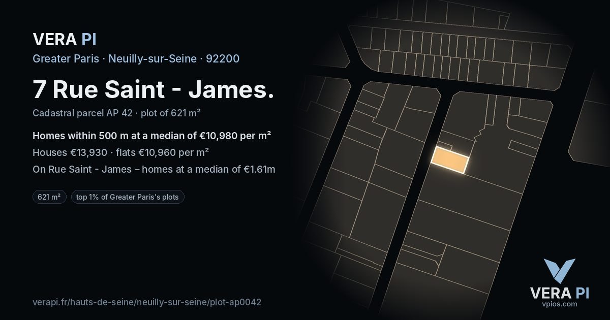 7 Rue Saint - James, Neuilly-sur-Seine at night – the plot lit, the parcels around coloured by the prices near them