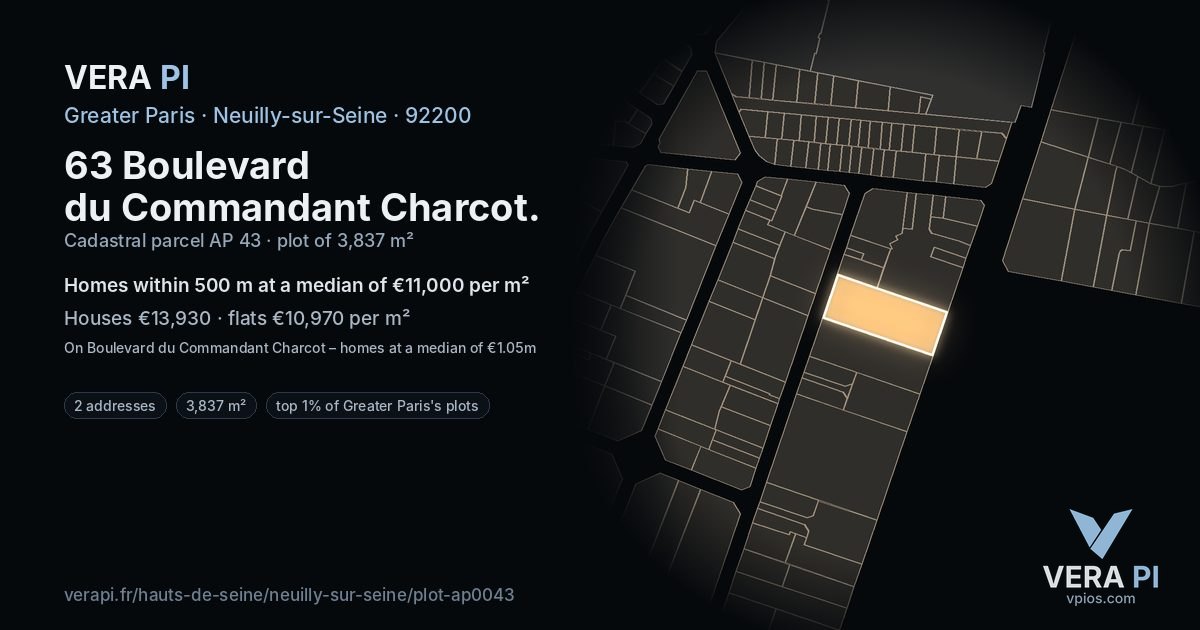 63 Boulevard du Commandant Charcot, Neuilly-sur-Seine at night – the plot lit, the parcels around coloured by the prices near them