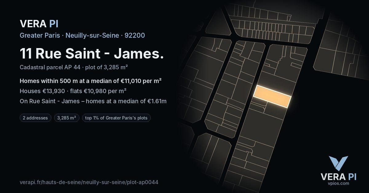 11 Rue Saint - James, Neuilly-sur-Seine at night – the plot lit, the parcels around coloured by the prices near them