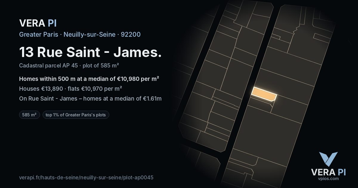 13 Rue Saint - James, Neuilly-sur-Seine at night – the plot lit, the parcels around coloured by the prices near them