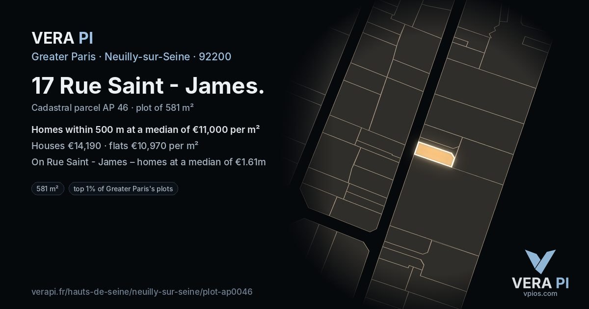 17 Rue Saint - James, Neuilly-sur-Seine at night – the plot lit, the parcels around coloured by the prices near them