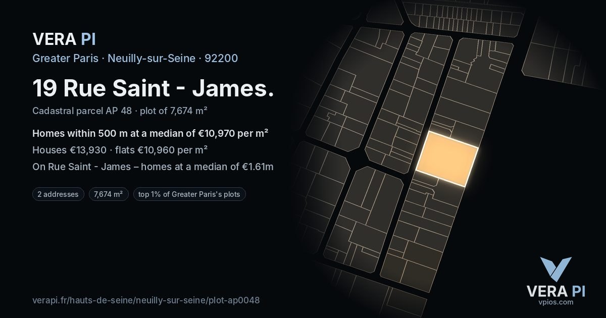 19 Rue Saint - James, Neuilly-sur-Seine at night – the plot lit, the parcels around coloured by the prices near them