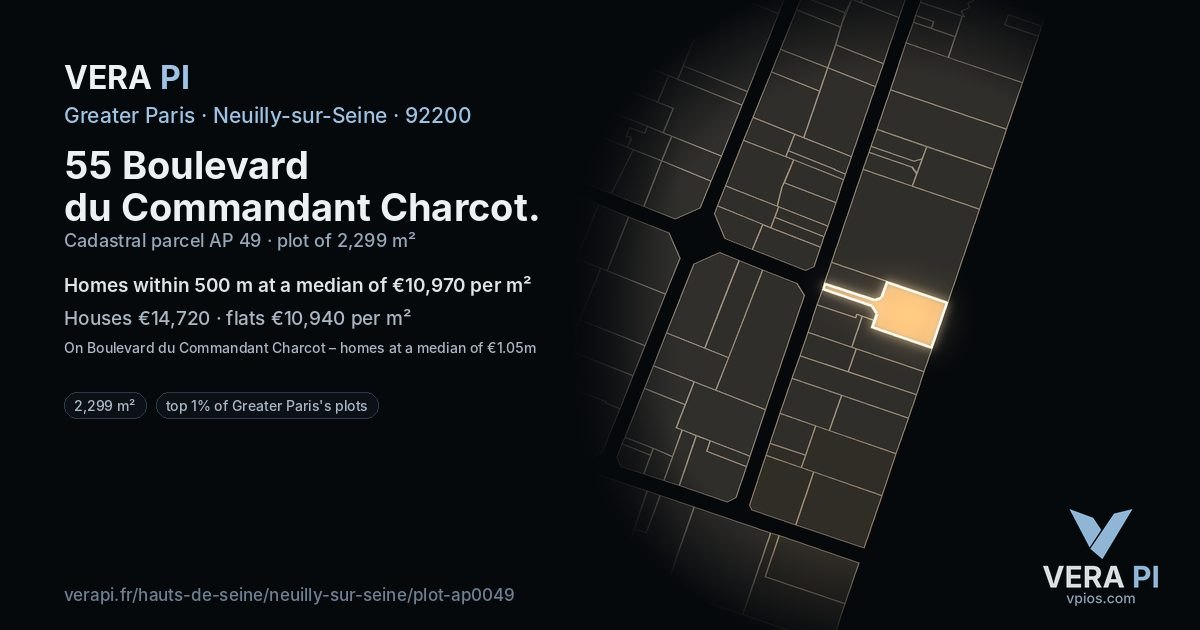 55 Boulevard du Commandant Charcot, Neuilly-sur-Seine at night – the plot lit, the parcels around coloured by the prices near them