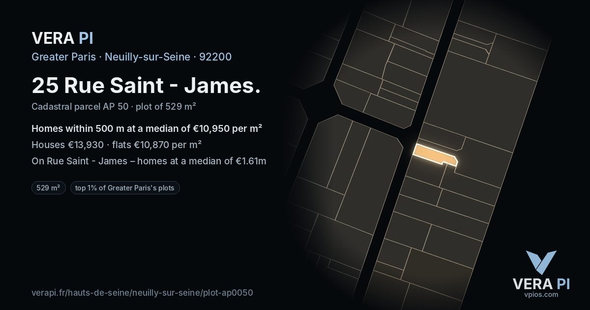25 Rue Saint - James, Neuilly-sur-Seine at night – the plot lit, the parcels around coloured by the prices near them