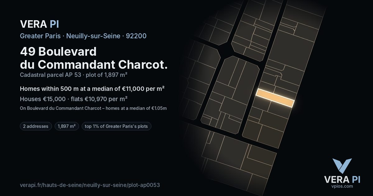 49 Boulevard du Commandant Charcot, Neuilly-sur-Seine at night – the plot lit, the parcels around coloured by the prices near them