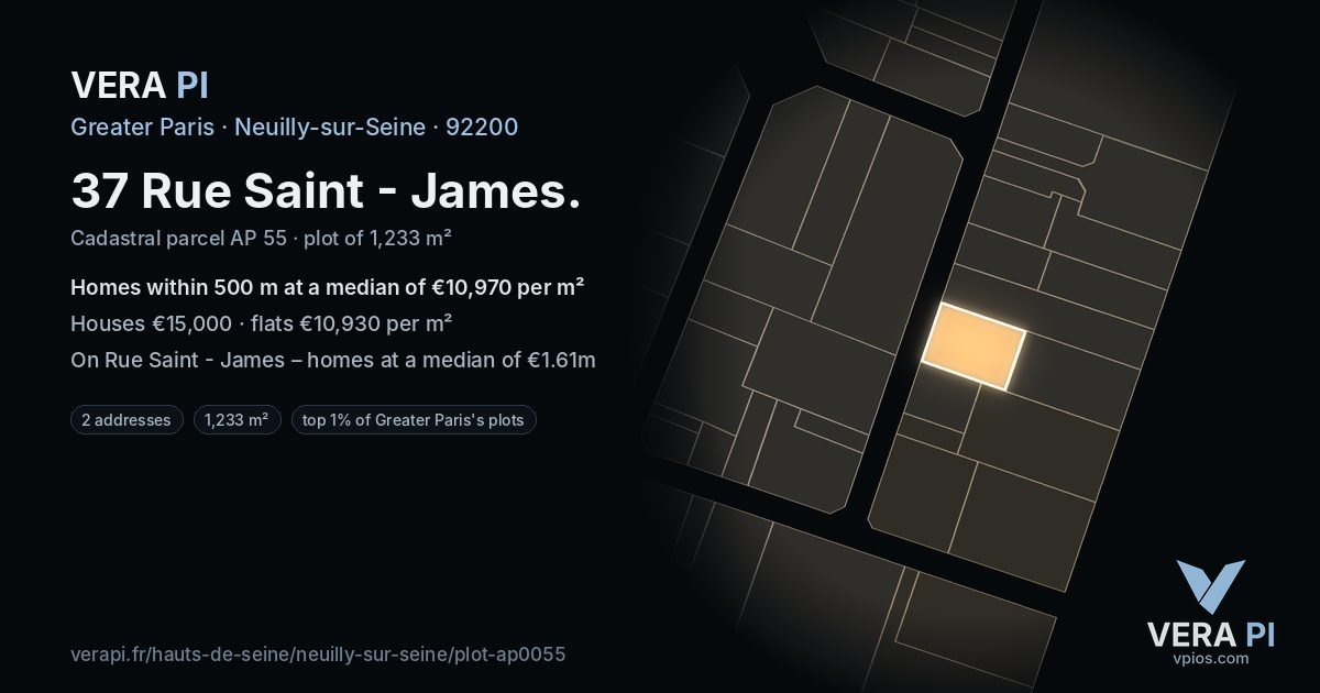 37 Rue Saint - James, Neuilly-sur-Seine at night – the plot lit, the parcels around coloured by the prices near them