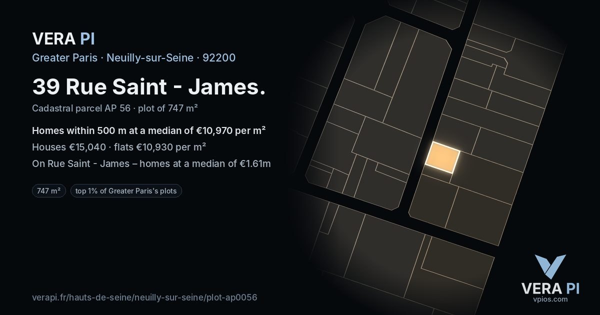39 Rue Saint - James, Neuilly-sur-Seine at night – the plot lit, the parcels around coloured by the prices near them