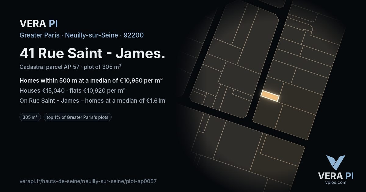 41 Rue Saint - James, Neuilly-sur-Seine at night – the plot lit, the parcels around coloured by the prices near them