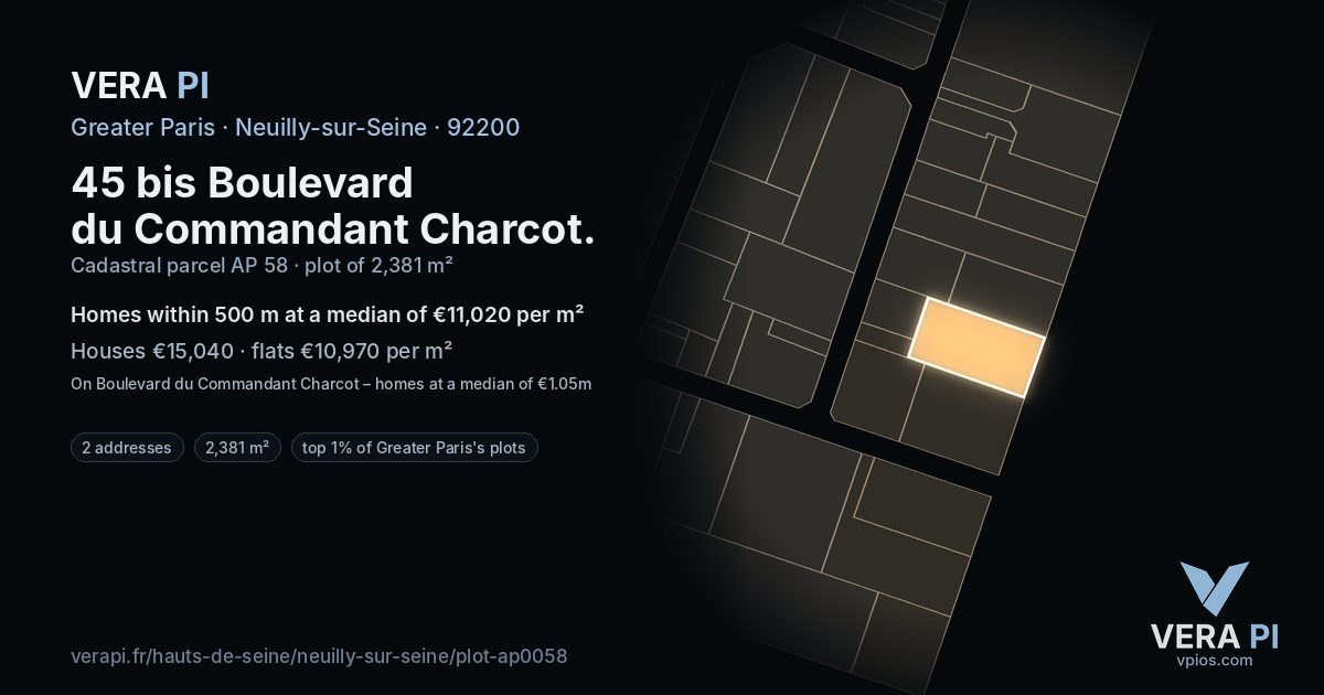 45 bis Boulevard du Commandant Charcot, Neuilly-sur-Seine at night – the plot lit, the parcels around coloured by the prices near them