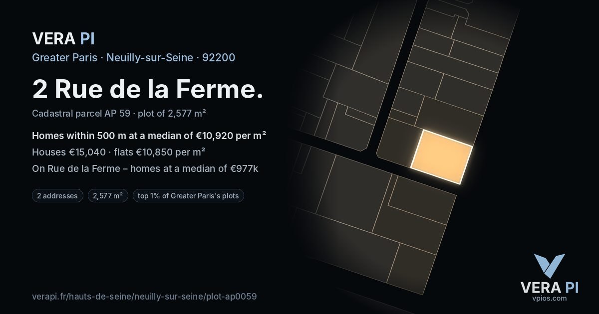 2 Rue de la Ferme, Neuilly-sur-Seine at night – the plot lit, the parcels around coloured by the prices near them