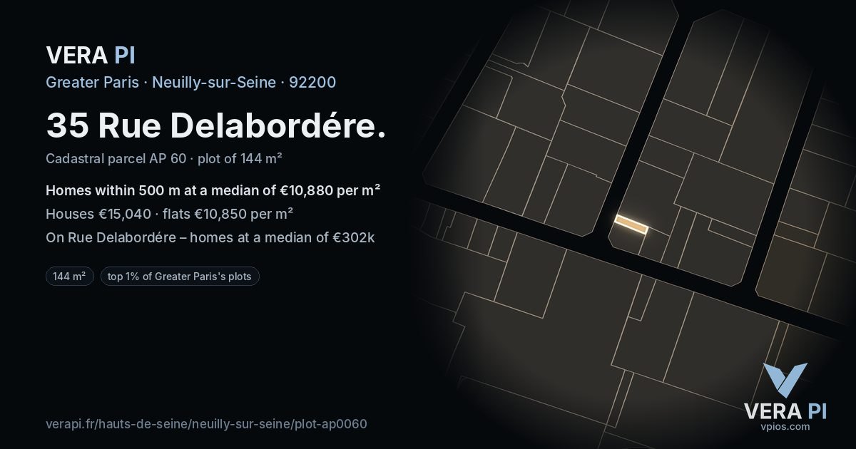 35 Rue Delabordére, Neuilly-sur-Seine at night – the plot lit, the parcels around coloured by the prices near them
