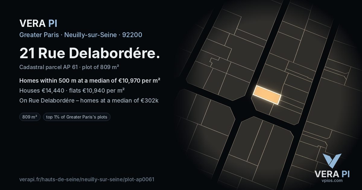 21 Rue Delabordére, Neuilly-sur-Seine at night – the plot lit, the parcels around coloured by the prices near them