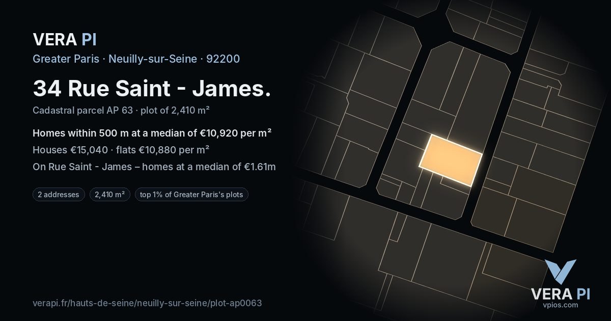 34 Rue Saint - James, Neuilly-sur-Seine at night – the plot lit, the parcels around coloured by the prices near them