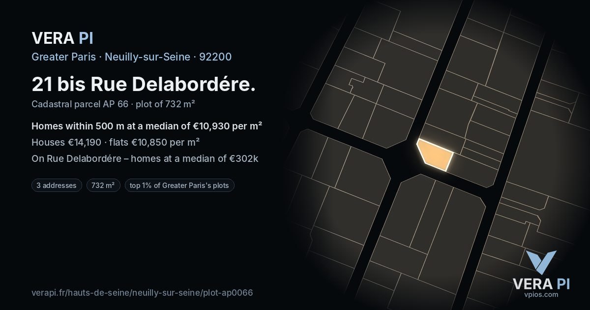 21 bis Rue Delabordére, Neuilly-sur-Seine at night – the plot lit, the parcels around coloured by the prices near them
