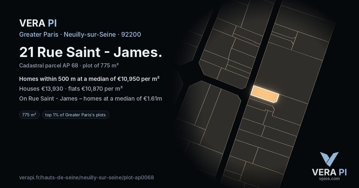 21 Rue Saint - James, Neuilly-sur-Seine at night – the plot lit, the parcels around coloured by the prices near them