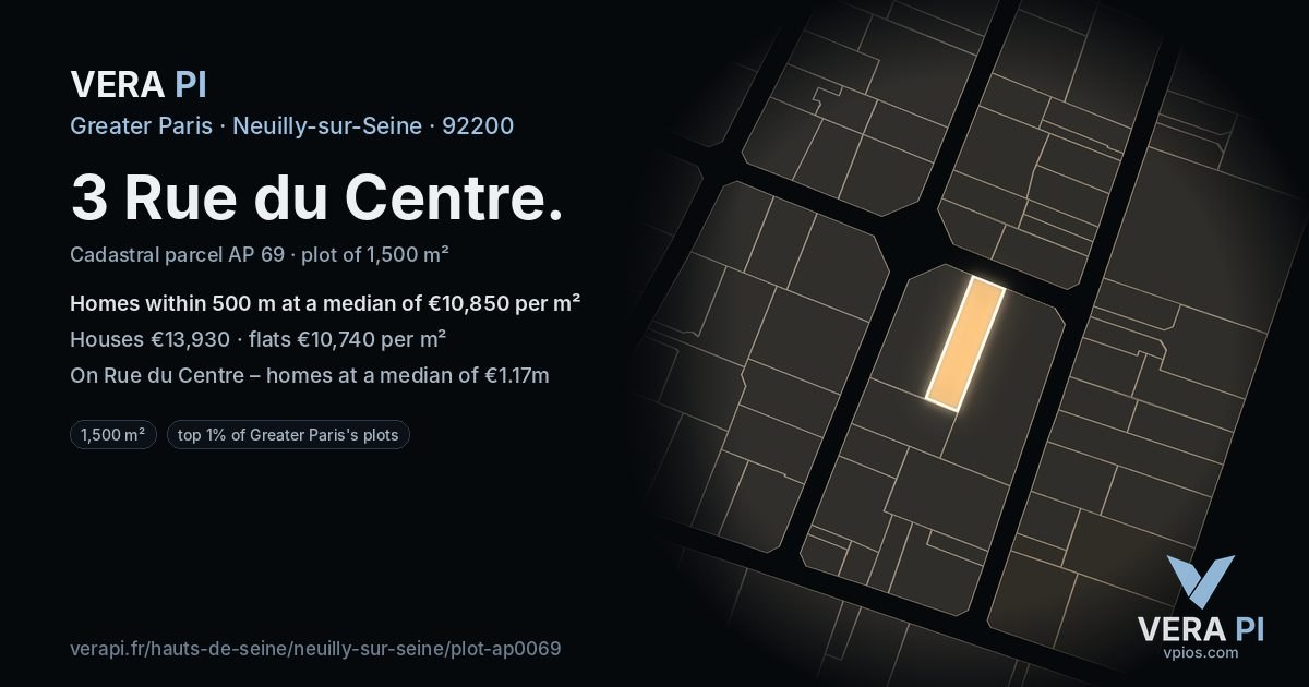 3 Rue du Centre, Neuilly-sur-Seine at night – the plot lit, the parcels around coloured by the prices near them