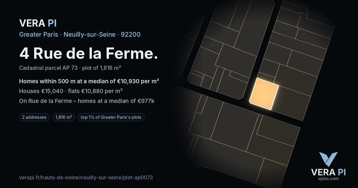 4 Rue de la Ferme, Neuilly-sur-Seine at night – the plot lit, the parcels around coloured by the prices near them