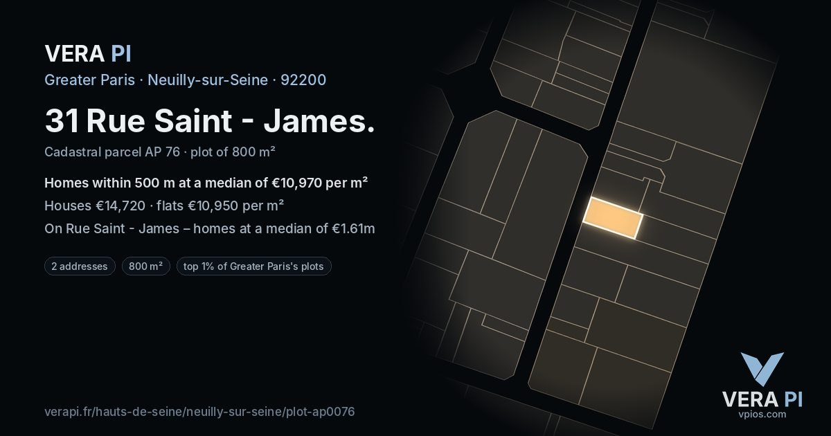 31 Rue Saint - James, Neuilly-sur-Seine at night – the plot lit, the parcels around coloured by the prices near them