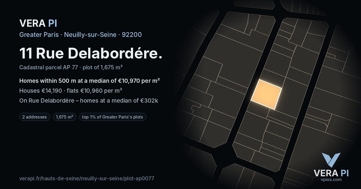 11 Rue Delabordére, Neuilly-sur-Seine at night – the plot lit, the parcels around coloured by the prices near them