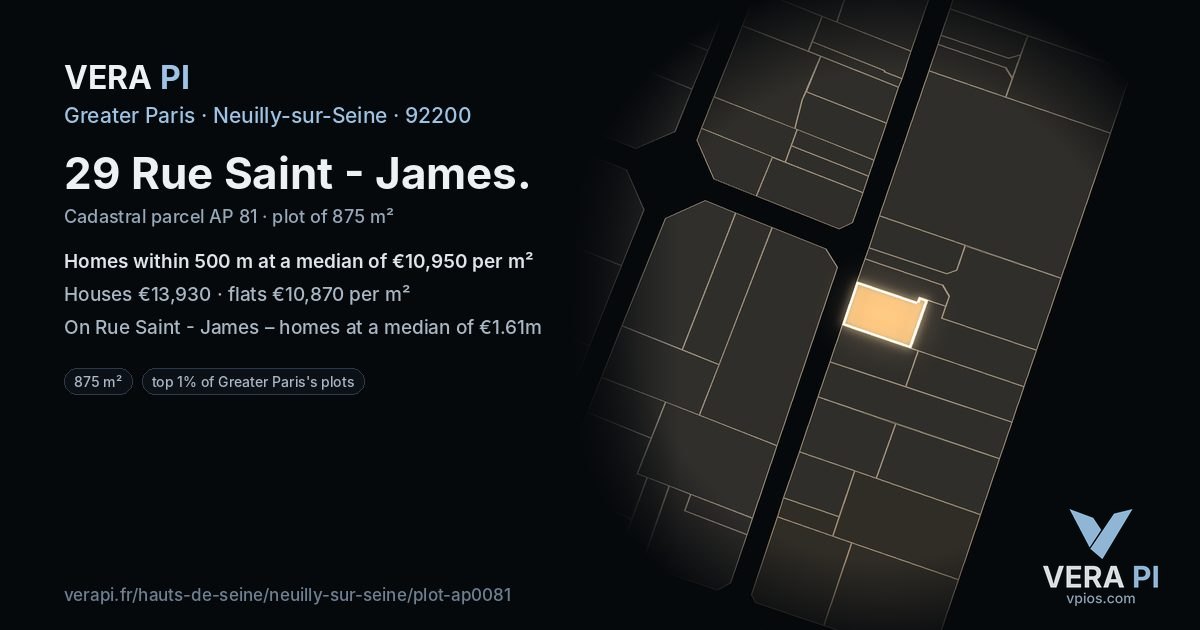 29 Rue Saint - James, Neuilly-sur-Seine at night – the plot lit, the parcels around coloured by the prices near them