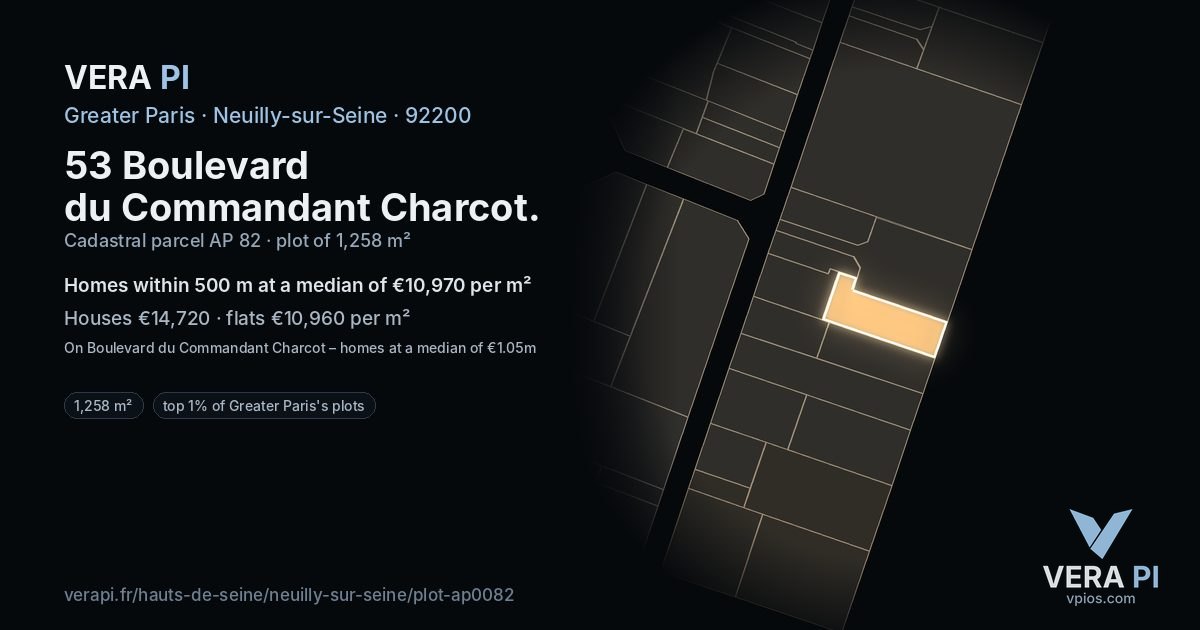 53 Boulevard du Commandant Charcot, Neuilly-sur-Seine at night – the plot lit, the parcels around coloured by the prices near them