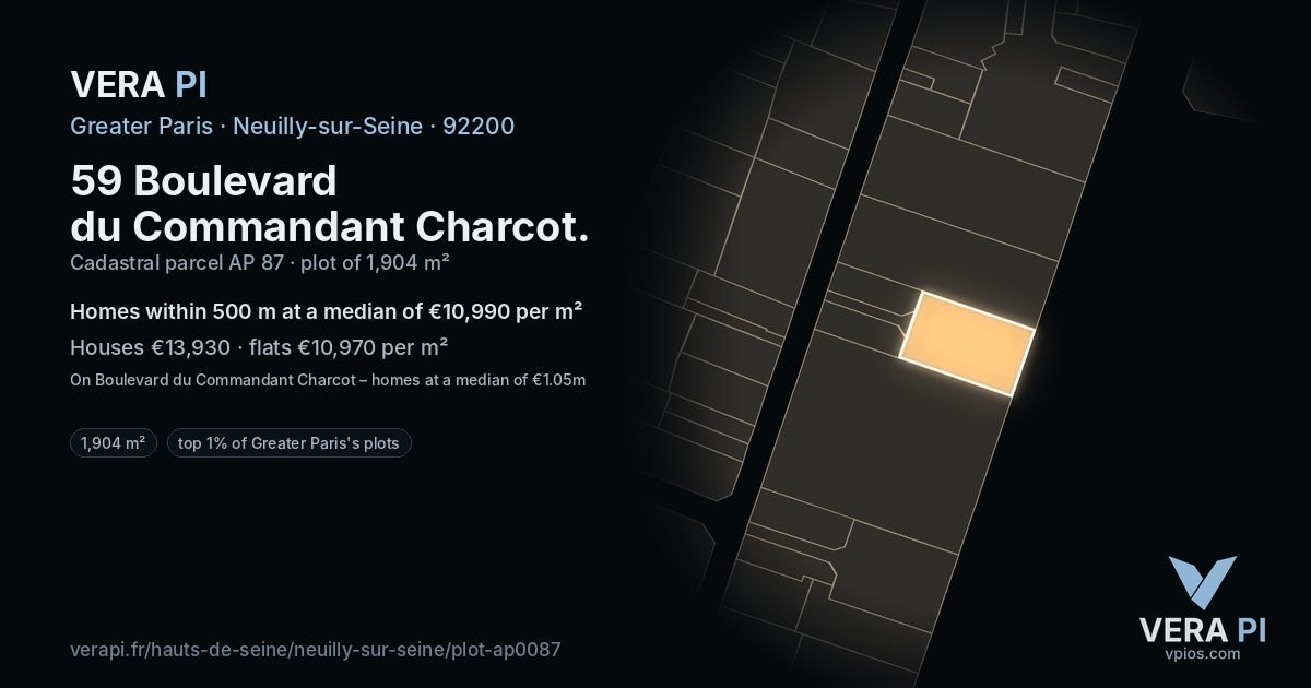59 Boulevard du Commandant Charcot, Neuilly-sur-Seine at night – the plot lit, the parcels around coloured by the prices near them