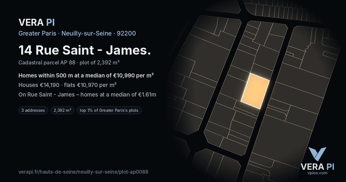 14 Rue Saint - James, Neuilly-sur-Seine at night – the plot lit, the parcels around coloured by the prices near them