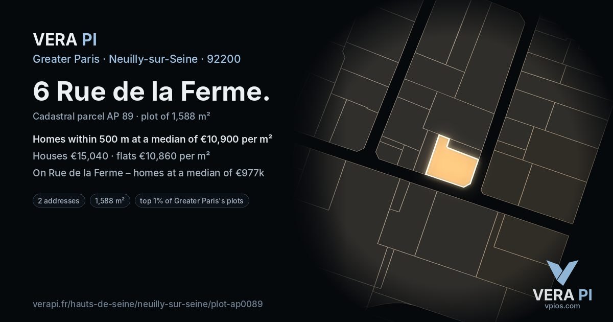 6 Rue de la Ferme, Neuilly-sur-Seine at night – the plot lit, the parcels around coloured by the prices near them