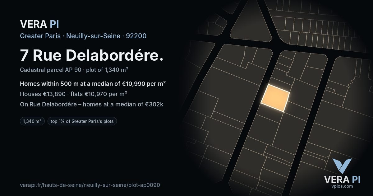 7 Rue Delabordére, Neuilly-sur-Seine at night – the plot lit, the parcels around coloured by the prices near them