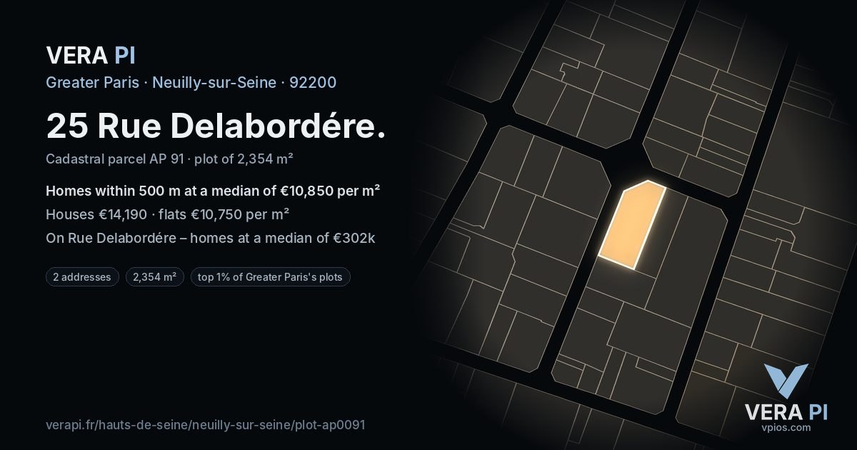 25 Rue Delabordére, Neuilly-sur-Seine at night – the plot lit, the parcels around coloured by the prices near them