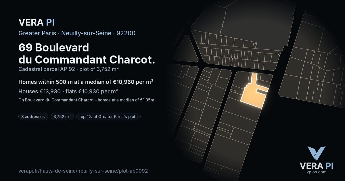 69 Boulevard du Commandant Charcot, Neuilly-sur-Seine at night – the plot lit, the parcels around coloured by the prices near them