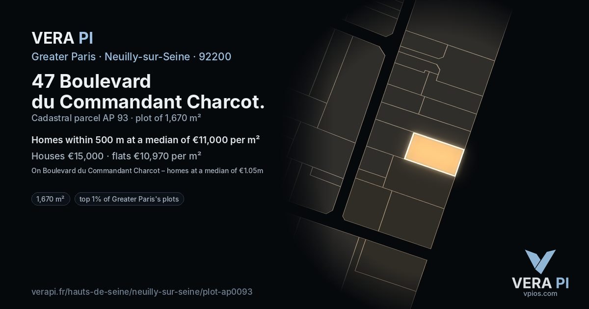 47 Boulevard du Commandant Charcot, Neuilly-sur-Seine at night – the plot lit, the parcels around coloured by the prices near them