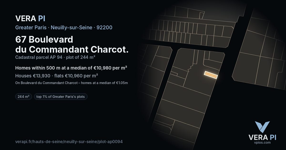 67 Boulevard du Commandant Charcot, Neuilly-sur-Seine at night – the plot lit, the parcels around coloured by the prices near them