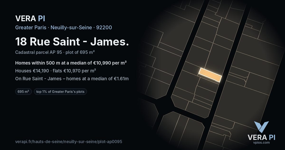 18 Rue Saint - James, Neuilly-sur-Seine at night – the plot lit, the parcels around coloured by the prices near them