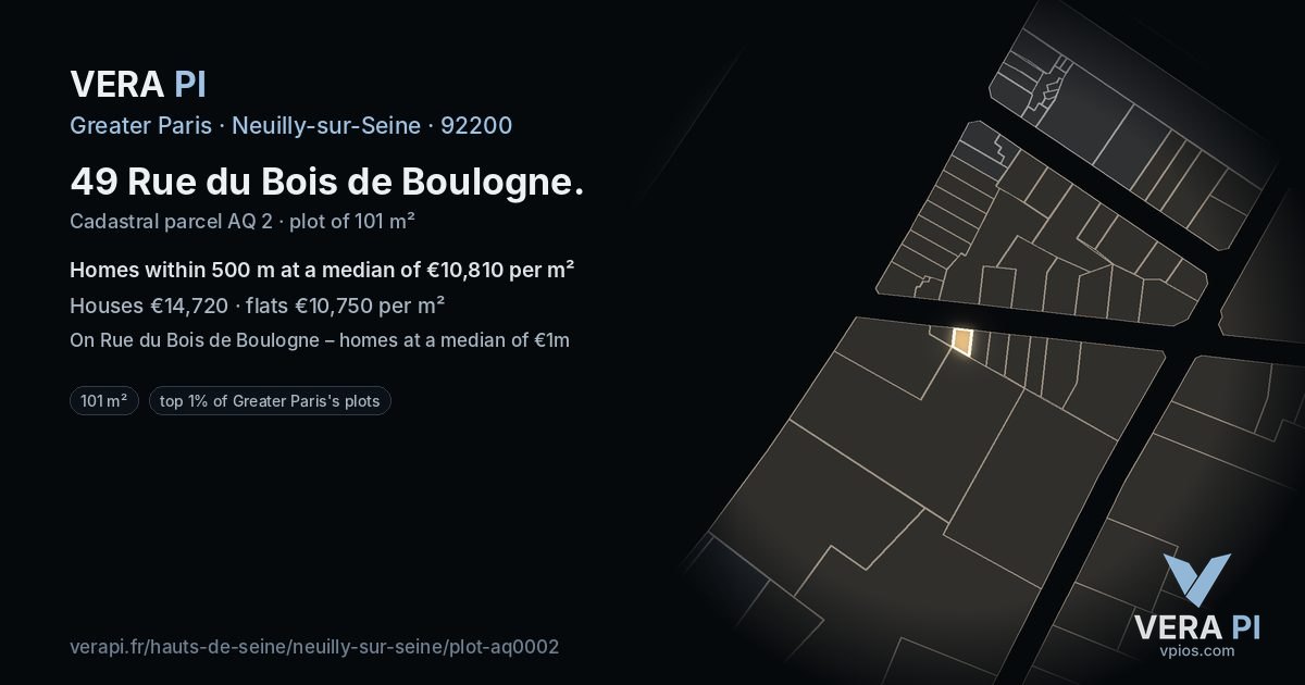 49 Rue du Bois de Boulogne, Neuilly-sur-Seine at night – the plot lit, the parcels around coloured by the prices near them
