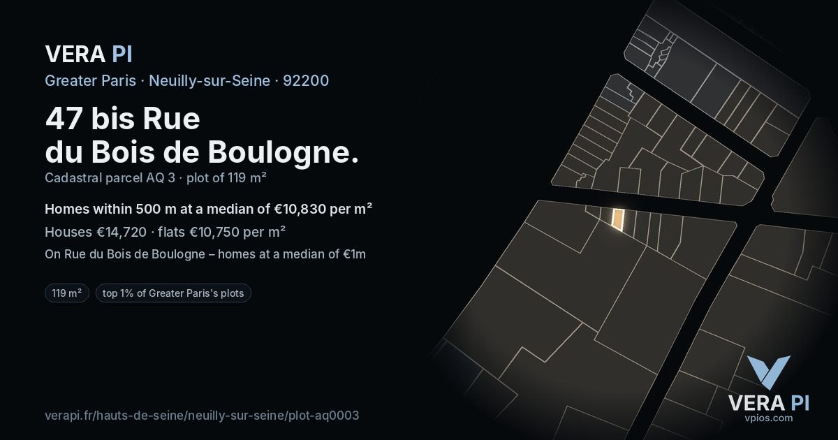 47 bis Rue du Bois de Boulogne, Neuilly-sur-Seine at night – the plot lit, the parcels around coloured by the prices near them