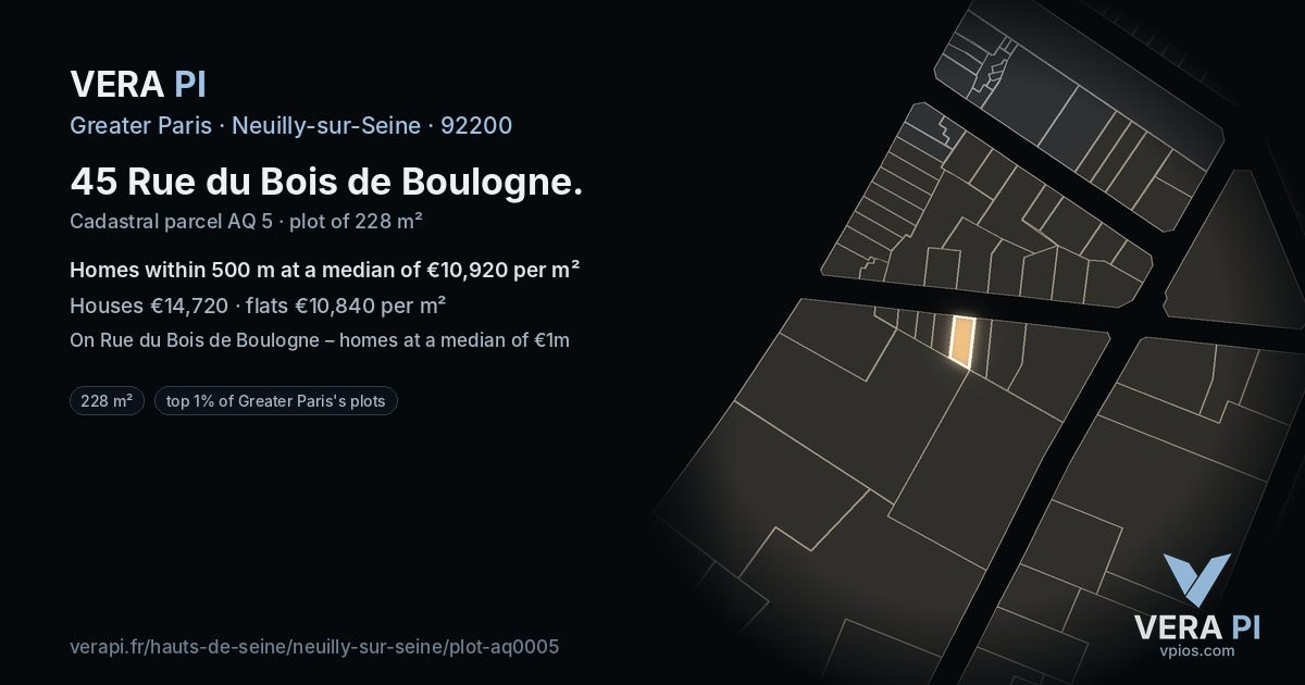 45 Rue du Bois de Boulogne, Neuilly-sur-Seine at night – the plot lit, the parcels around coloured by the prices near them