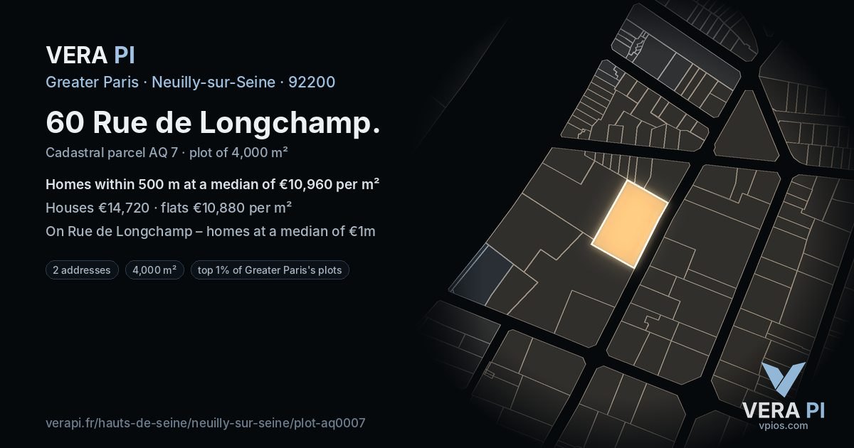 60 Rue de Longchamp, Neuilly-sur-Seine at night – the plot lit, the parcels around coloured by the prices near them