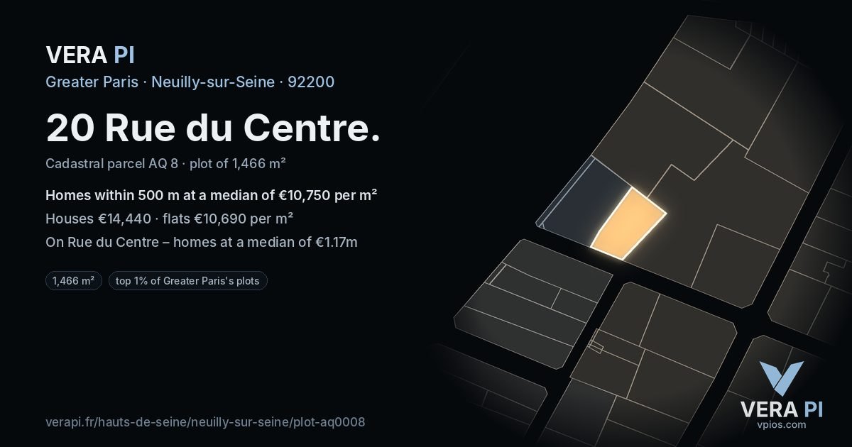 20 Rue du Centre, Neuilly-sur-Seine at night – the plot lit, the parcels around coloured by the prices near them