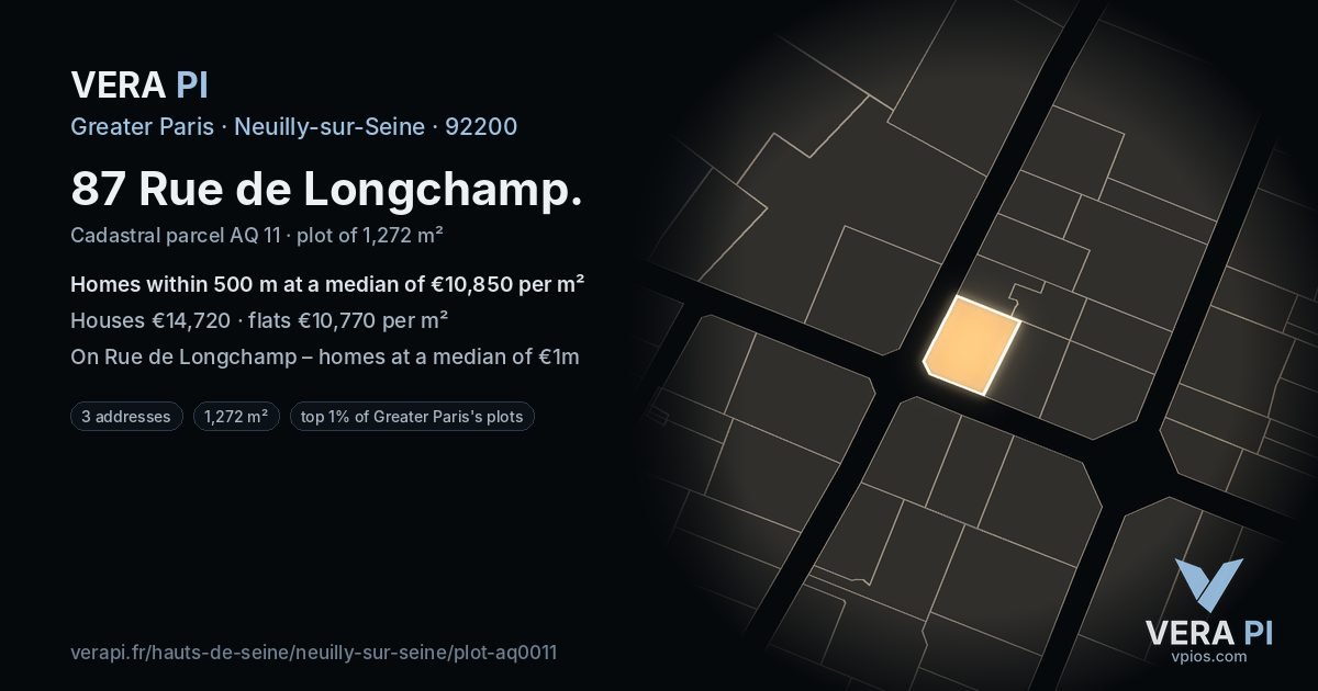 87 Rue de Longchamp, Neuilly-sur-Seine at night – the plot lit, the parcels around coloured by the prices near them