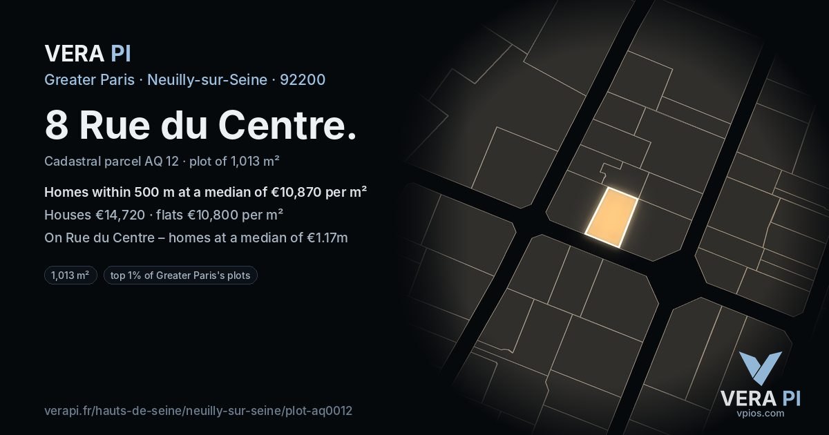 8 Rue du Centre, Neuilly-sur-Seine at night – the plot lit, the parcels around coloured by the prices near them