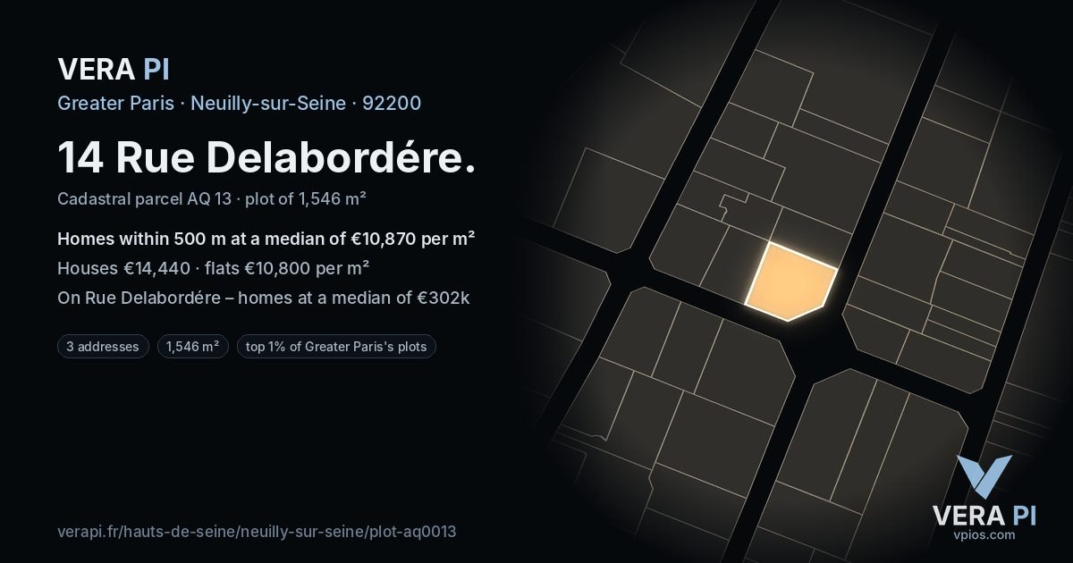 14 Rue Delabordére, Neuilly-sur-Seine at night – the plot lit, the parcels around coloured by the prices near them