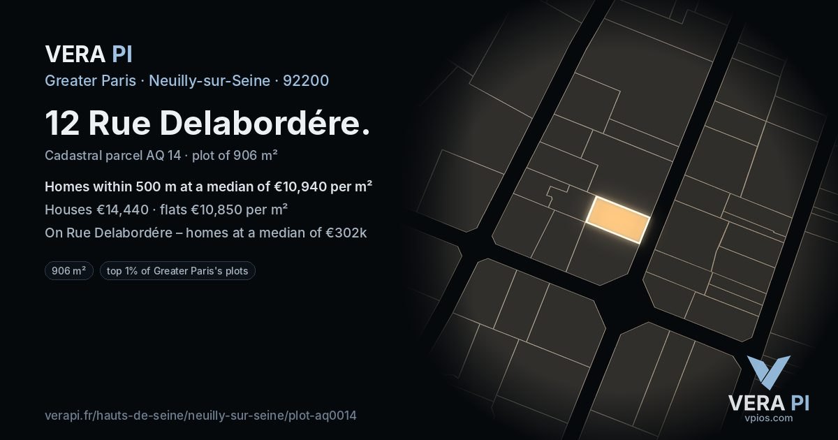 12 Rue Delabordére, Neuilly-sur-Seine at night – the plot lit, the parcels around coloured by the prices near them