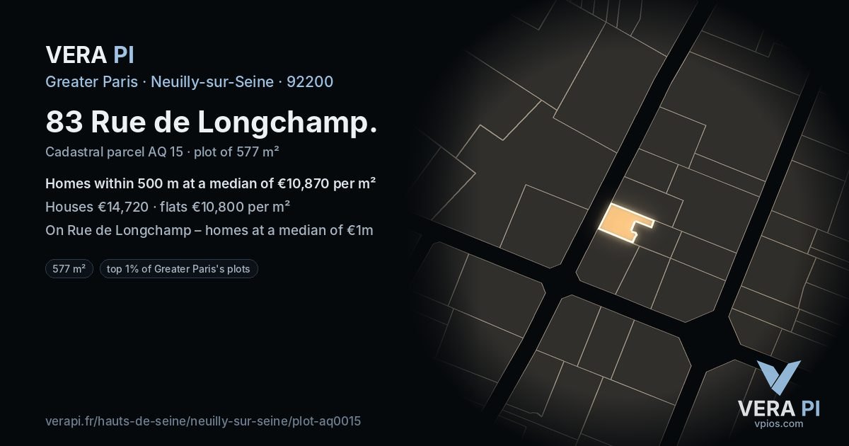 83 Rue de Longchamp, Neuilly-sur-Seine at night – the plot lit, the parcels around coloured by the prices near them