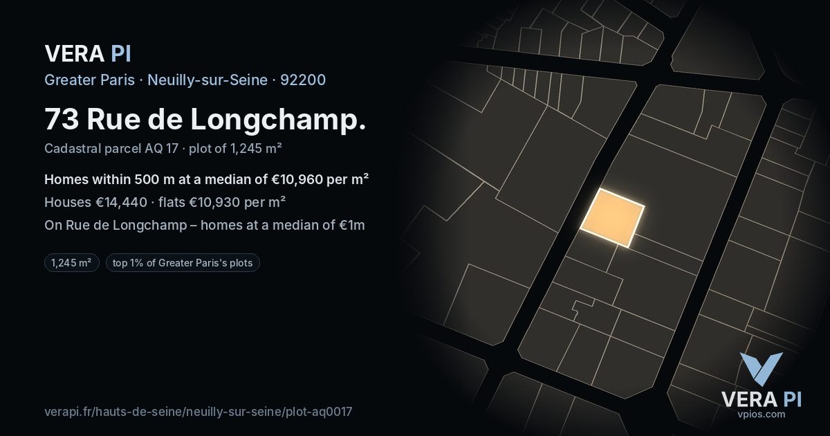 73 Rue de Longchamp, Neuilly-sur-Seine at night – the plot lit, the parcels around coloured by the prices near them