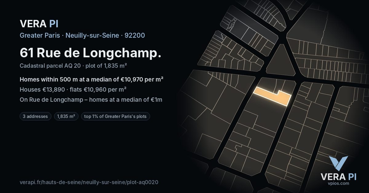 61 Rue de Longchamp, Neuilly-sur-Seine at night – the plot lit, the parcels around coloured by the prices near them